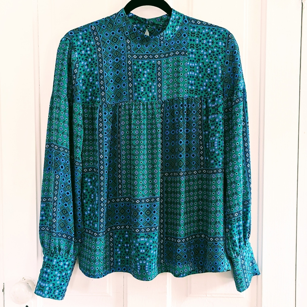 LOFT High Neck Yoke Seamed Blouse Size Small